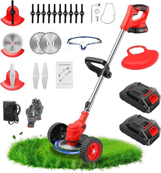 ALSO GO 24V Electric Weed Wacker with Wheels, Grass Trimmer Cordless, 3 in 1 Weed Eater Battery Powered with 2pcs Batteries & Charger, Weed Trimmer/Brush Cutter/Edger Lightweight for Lawn & Yard