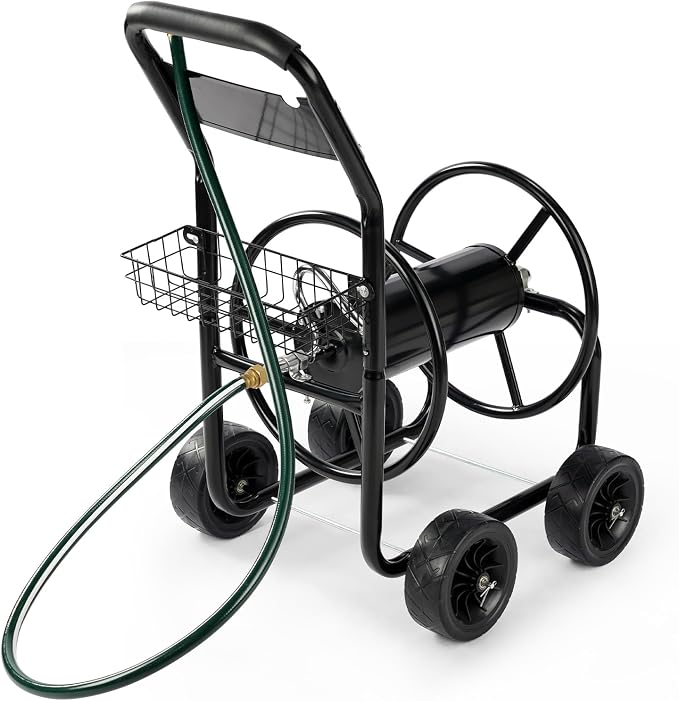 VINGLI 300FT 5/8in Garden Hose Reel Cart, 4-Wheel Portable Residential Hose Reel Cart, Hose Guide System with Storage Basket, Rust Resistant, for Family Yard, Garden and Farm (Black)