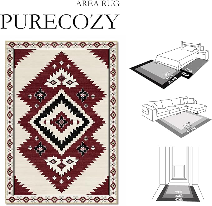 5x7 Area Rug Western Rugs for Living Room Southwest Aztec Rug | Washable Southwestern Navaj Tribal Rugs Low Pile Non-Slip Floor Carpet for Dining Room Bedroom Kitchen Office, Beige Red