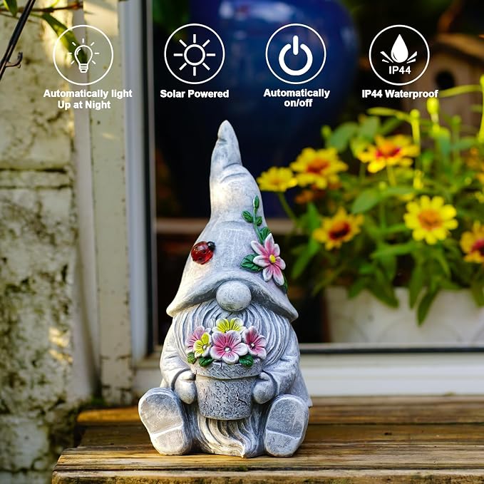 Solar Sitting Gnome with LED Flower Light Garden Decor | Durable resin material for outdoor use, warm LED glow, perfect garden gift for women, moms, housewarming decoration