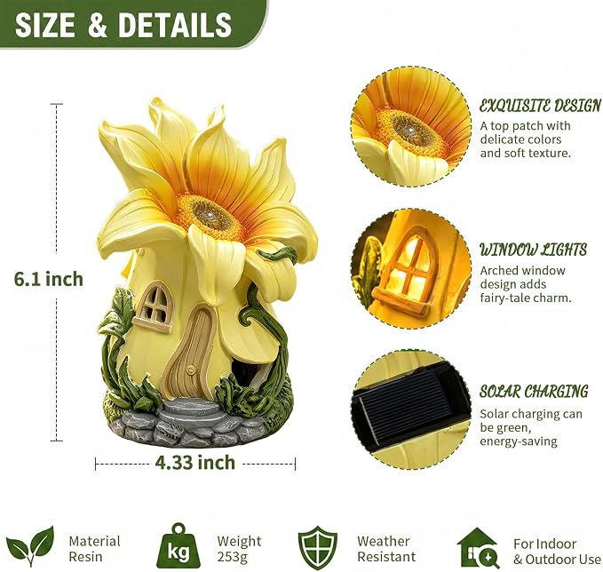 Fairy Garden House with Solar Light,Outdoor Figurine Lights Garden Statues,Yard Decorations Outdoor Fairy Garden Accessories,Decor Gifts for Mom Women (Sunflower)