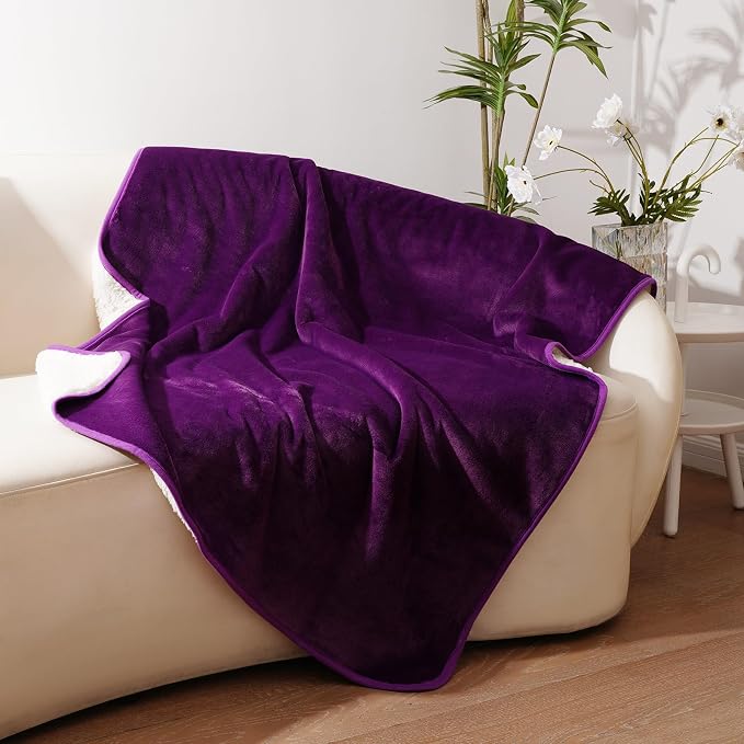 Sunsleek Waterproof Fleece Sherpa Blanket for Bed Sofa Couch Travel, Reversible Soft Throw Blanket for Dog Puppy Cat, Large Pet Blanket Furniture Protector (Purple,80x90 inches)