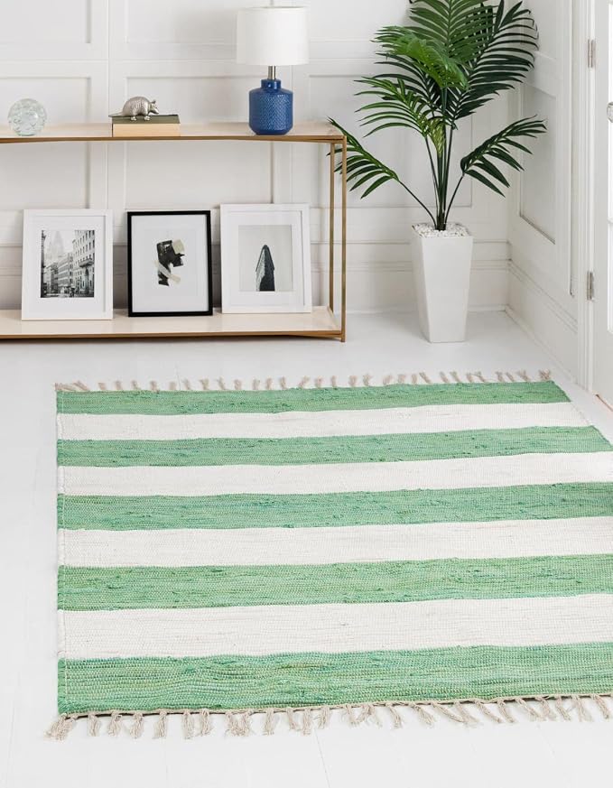 Unique Loom Chindi Rag Collection Area Rug - Striped (7' 10" Square, Green and Ivory)