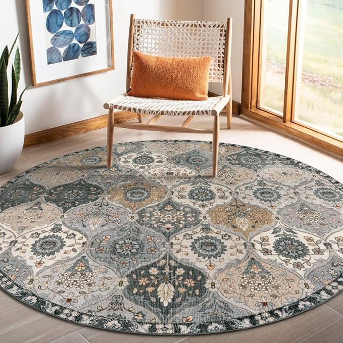 Lahome Moroccan Washable Round Rug 5ft, Soft Circle Rug for Dining Room | Office Vintage Bedroom Bathroom Entryway Distress Non Slip Low Pile Stain Resistant Accent Rug Elise, Grey