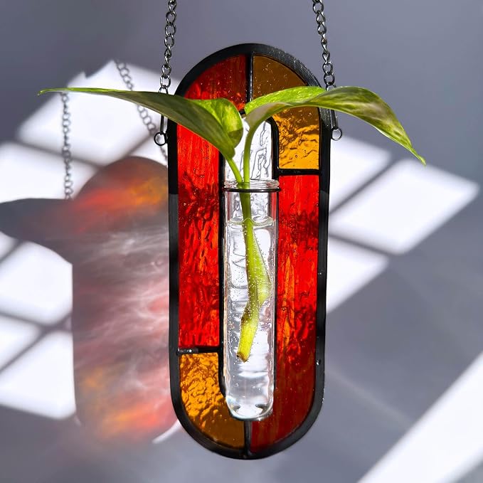 LITMIND Transparent Stained Glass Propagation Station - Handcrafted Suncatcher Hanging Planter with 2 Glass Tubes, Multi-Color Hydroponic Wall Décor for Windows, Home & Garden