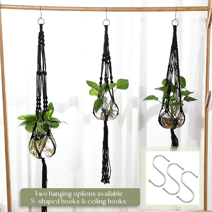 Colingmill 6 Pcs Plastic Plant Propagation with Boho Macrame Hanger Wall Plant Propagation Station Hanging Holder Include Hooks Kit for Indoor Home Garden Office Decor 3 Size (Black)