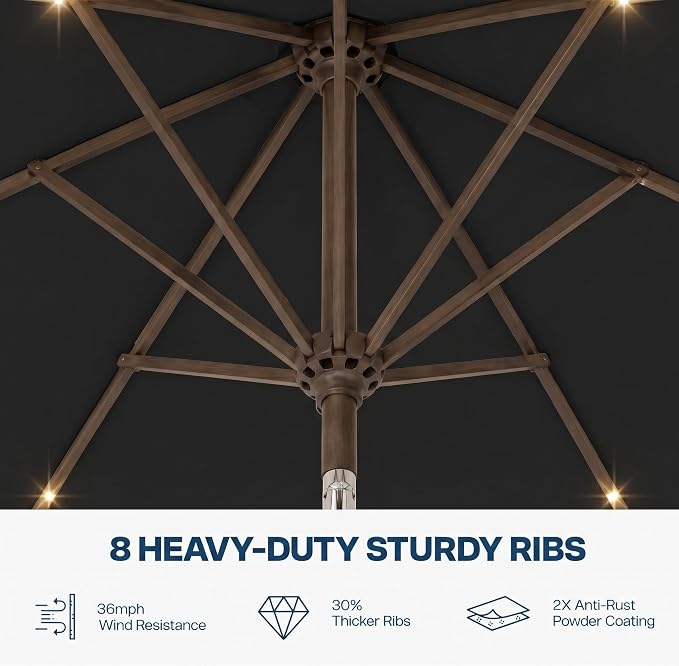 10FT Solar Patio Umbrella with Lights, Outdoor Table Market Umbrella with 32 LED Lights, 8 Sturdy Ribs, Push Button Tilt and Crank for Pool, Deck and Garden, UV-Resistant