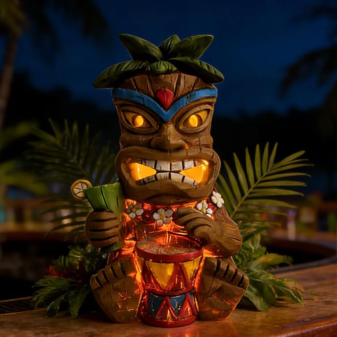 Miniature Tiki Garden Statue Solar Outdoor Decorations - Tiki Bar Tropical Themed Parties Figurines for Patio Yard Lawn Ornaments Gifts for Birthday Housewarming 3.2''(W) x 3.4''(D) x 5.9''(H)F