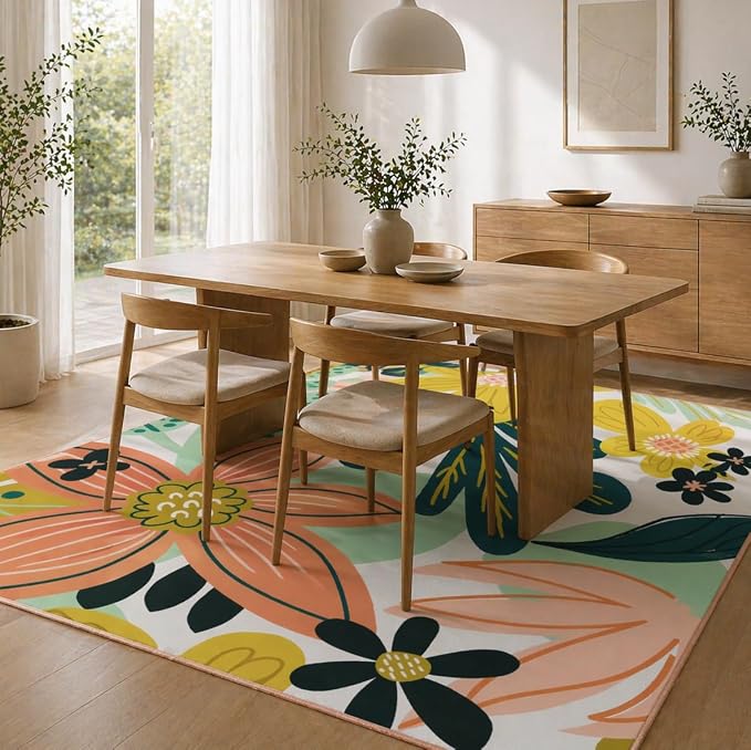 Tyrot Boho Floral Living Room Rug, 5x7 Rug Washable Tropical Botanical Area Rugs Flat Woven Ultra-Thin Non Slip Low Pile Carpet for Bedroom, Dining Room, Office, Kids Room, Pink Green