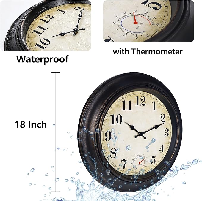 Outdoor Clock Waterproof with Thermometer Wall Clock for Patio Pool Bathroom Kitchen 18 Inch Bronze