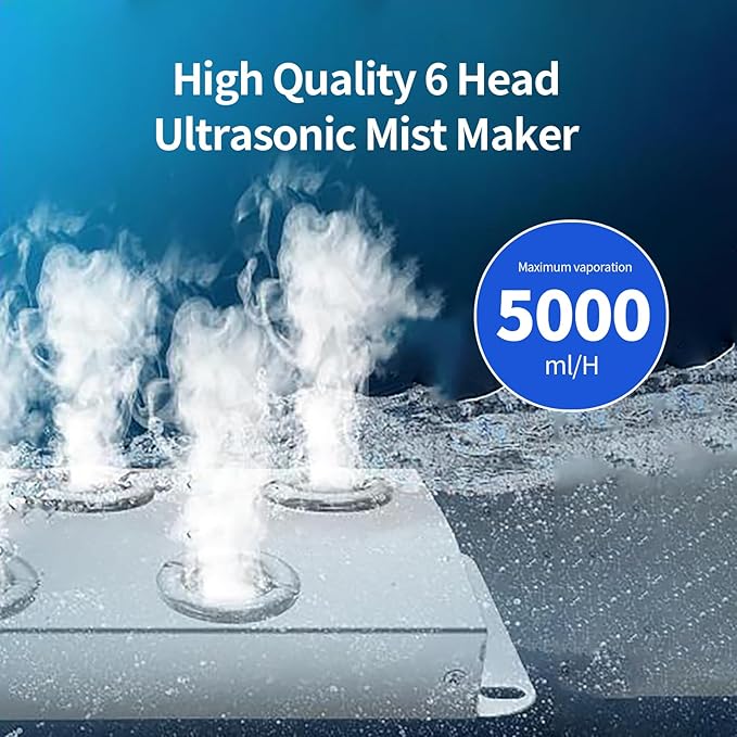 Ultrasonic Mist Maker 6 Head Mist Maker Fogger 5000ml/H Ultrasonic Mister Fogger 200W Atomizer Pond Fogger IP67 Waterproof Fog Mist Machine with Fan for Garden Rockery Halloween Decor (6 Heads+Fan)