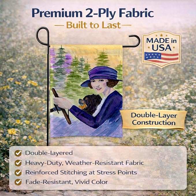 Caroline's Treasures SS8538GF Lady driving with her Pomeranian Garden Flag Mailbox Flag Decorative Yard Flag Banner Outside Patio Artwork Yard Flower Beds, Garden Size, Multicolor