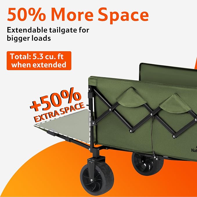 Naturehike Big Wheels Collapsible Wagon Cart, Extra Long Extender Wagon Cart, Green