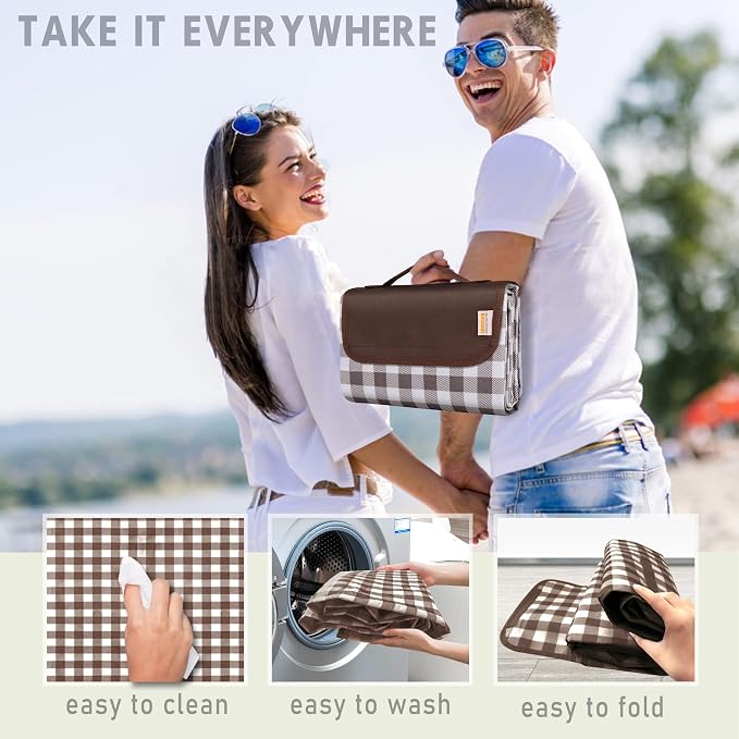 SAMSIER Outdoor Picnic Blankets Waterproof Foldable Sandproof, Large Gingham Cute Picnic Mat Washable Portable for Park Beach Camping Courtyard (Brown, 60"×80")