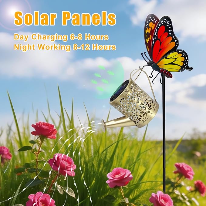 Solar Lights Garden Decor, Waterproof Solar Watering Can with Butterfly Garden Stakes, Outdoor Light with Cascading Lights for Outside Patio Lawn Porch, Birthday Gift for Women Mothers Day