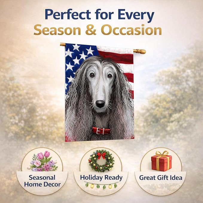 Caroline's Treasures CK6383CHF Afghan Hound American Flag House Flag Large Porch Sleeve Pole Decorative Outside Yard Banner Artwork Wall Hanging, Polyester, House Size, Multicolor