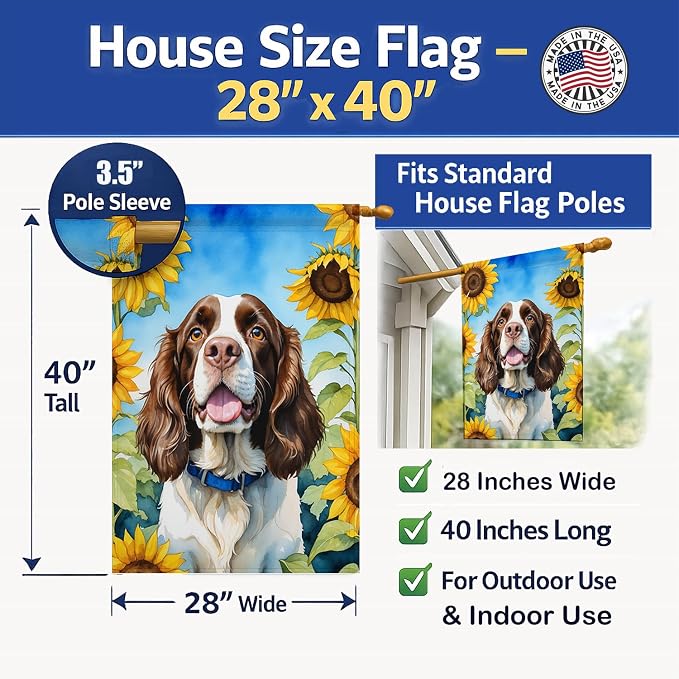 Caroline's Treasures DAC6076CHF English Springer Spaniel in Sunflowers House Flag Large Porch Sleeve Pole Decorative Outside Yard Banner Artwork Wall Hanging, Polyester, House Size, Multicolor