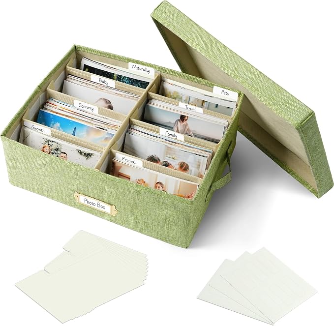 Linen Photo Storage Box with Adjustable Hook and Loop Dividers, Holds 1700 4"x6" Photos, Collapsible Picture Organizer with Handle and Label Stickers, Memory Keepsake Box for Women, Grass Green