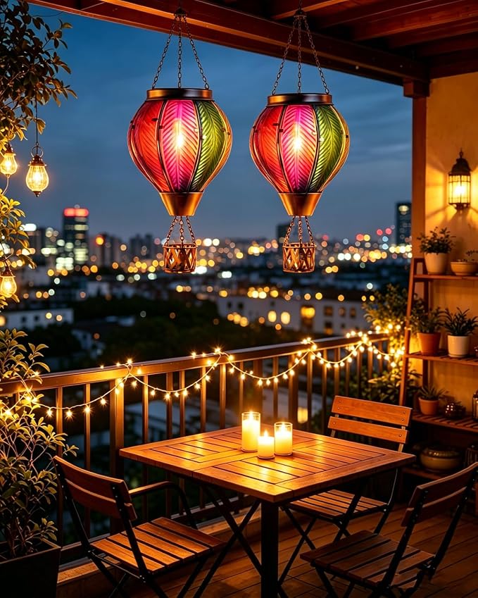 Larekook Rainbow Solar Hot Air Balloon Lantern with Flickering Flame Light,Glass Outdoor Garden Decor,Hot Air Balloon Solar Lantern Outdoor Waterproof Hanging Light for Yard Patio Porch Lawn