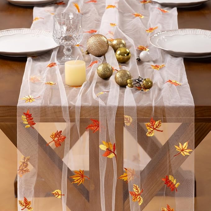 Socomi Falll Thanksgiving Table Runner Maple Leaf Tulle Gauze Cheesecloth Embroidery Sheer Table Runners for Wedding Party Baby Shower Birthday Holiday Picnic Home Decor