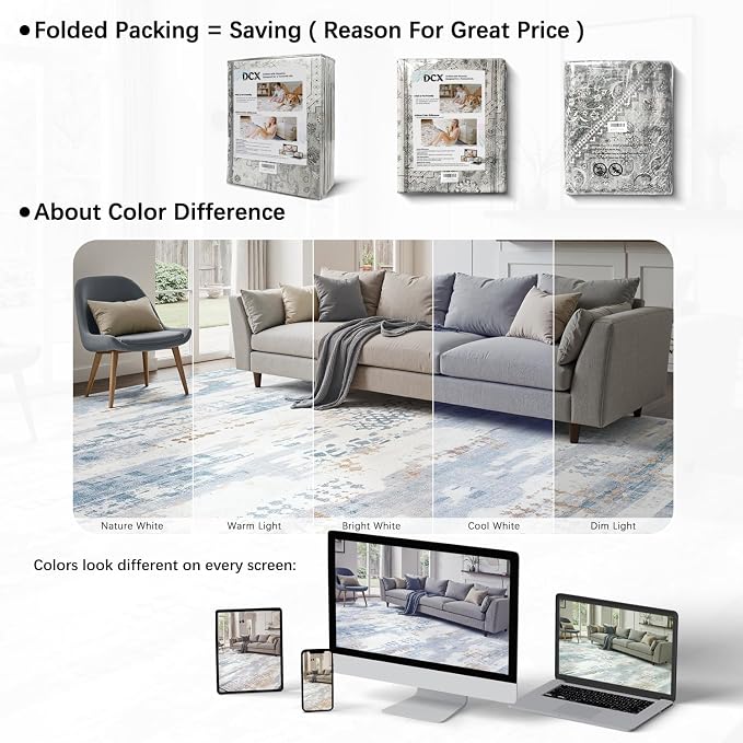 DCX Washable Abstract Area Rug 9x12, Non Slip Low Pile Rug, Blue | Easy to clean, non-shedding, soft, kid & pet friendly, with a non-slip rubber backing for living rooms, bedrooms, and offices