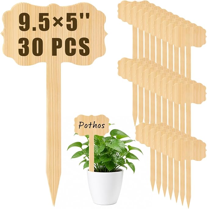 Hicarer 30 Pcs 9.4" x 5" Extra Large Bamboo Garden Markers, Retro Style Natural Wood T-Type Large Plant Labels for Herbs, Flowers & Vegetables – Easy to Read Full-Size Tags for Garden Outdoor