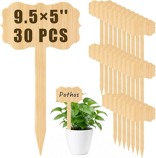 Hicarer 30 Pcs 9.4" x 5" Extra Large Bamboo Garden Markers, Retro Style Natural Wood T-Type Large Plant Labels for Herbs, Flowers & Vegetables – Easy to Read Full-Size Tags for Garden Outdoor