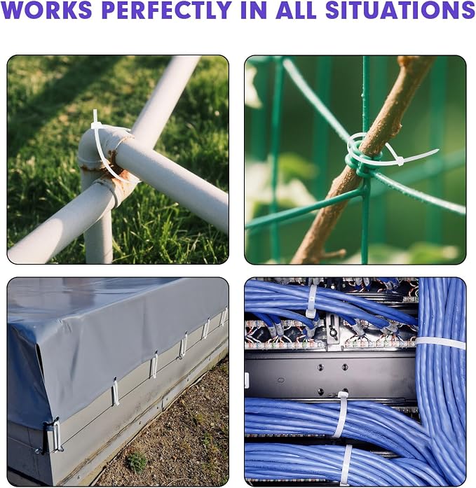 Zip Ties, RAZCC 1200pcs White Cable Zip Ties 8 Inch, Heavy Duty Plastic Wire Ties with 100lb Tensile Strength, Self-Locking White Nylon Tie Wraps for Indoor and Outdoor