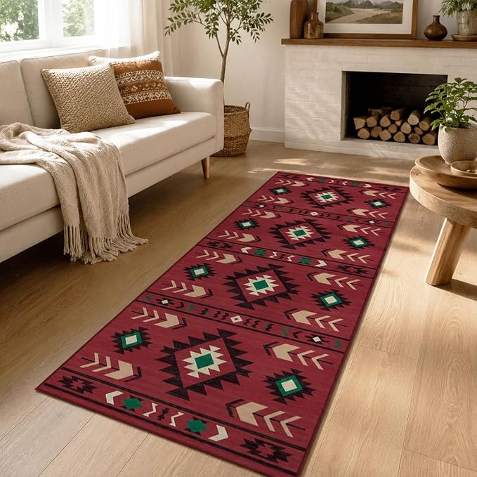 Western Runner Rug 2x6 for Hallway Kitchen Bedroom, Southwestern Aztec Tribal Runner Rugs Southwest Navajo Machine Washable Rug Non-Slip Printed Low-Pile Floor Carpet Mat for Living Room, Red