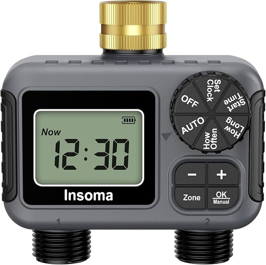 Insoma Hose Timer 2 Zones Brass Inlet, Water Timer for Garden Hose, Sprinkler Timers with Rain Delay/Manual/Auto Mode, Faucet Timers 2 Outlet for Garden Watering, Lawn, Yard