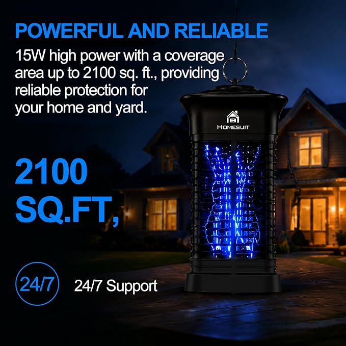 Homesuit Bug Zapper 15W for Outdoor and Indoor, High Powered 4000V Electric Mosquito Zappers, Mosquito Killer, Electronic Mosquitoes Light Bulb Lamp for Home Backyard Patio