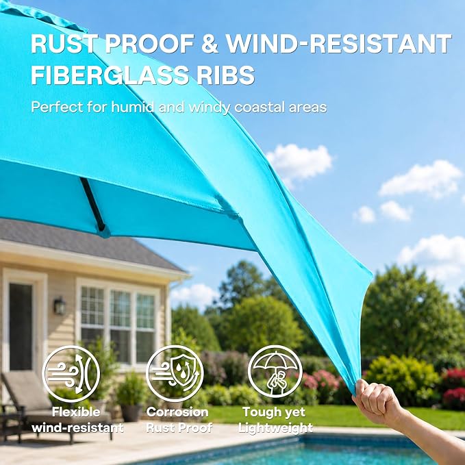 Sannwsg 9/10 FT Patio Umbrella Outdoor with 8 Premium Fiberglass Ribs, Push Button Tilt and Crank, UV Protection Table Market Umbrella for Pool, Porch, Garden, Deck, Backyard, Outside