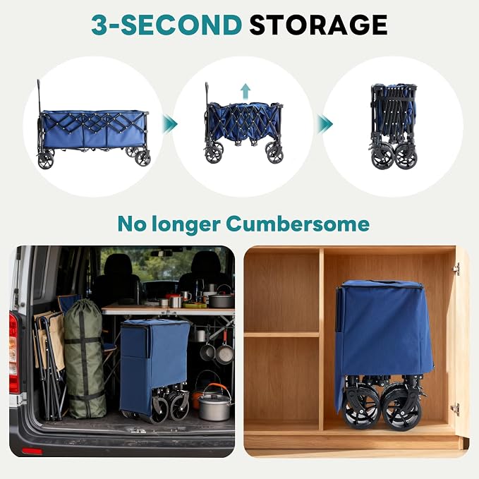NEWBULIG Wagon Carts Foldable - 440LB Extra-Long Heavy-Duty Collapsible Wagon with All-Terrain Wheels, Portable Storage Shopping Cart for Groceries, Camping, Sports, Beach, Garden