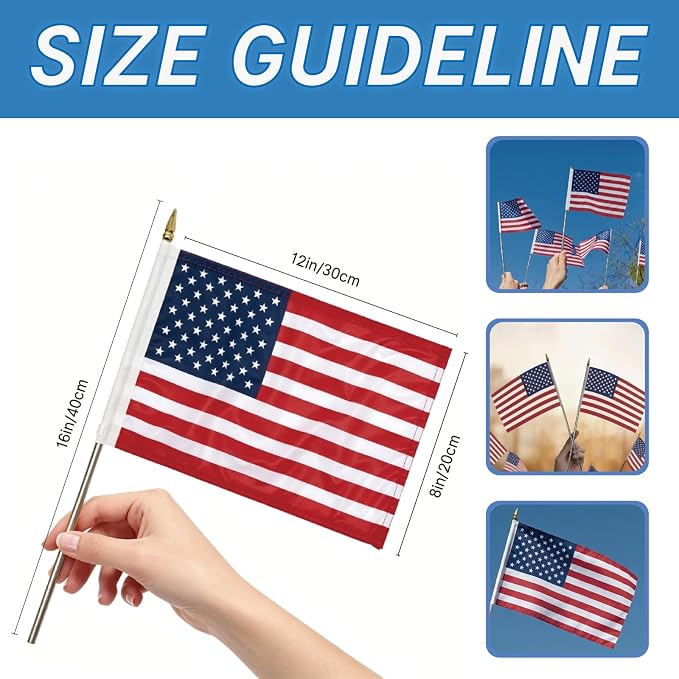 12 Pack Small American Flags on Stick, 8x12 Inch Mini Handheld USA Flags with Stainless Steel Pole, 4th of July US 250th Anniversary Decorations, Memorial Day Outdoor Decor