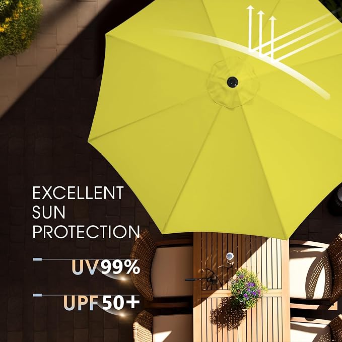 wikiwiki 9FT Patio Umbrella with Base, Outdoor Umbrellas with Base Included, 8 Sturdy Ribs, Waterproof Fade Resistant POLYESTER DTY Canopy for Deck, Lawn, Garden, Backyard & Pool, Yellow