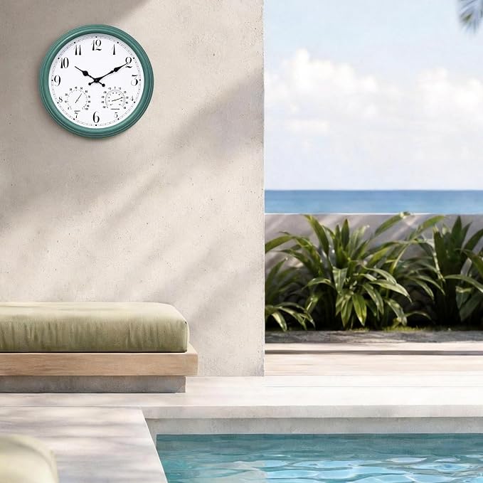 Outdoor Waterproof Wall Clock with Thermometer and Hygrometer Combo, 15 in Retro Battery Operated Garden Clocks for Indoor and Outside Patio Deck Pool -Not Silent (Turquoise)