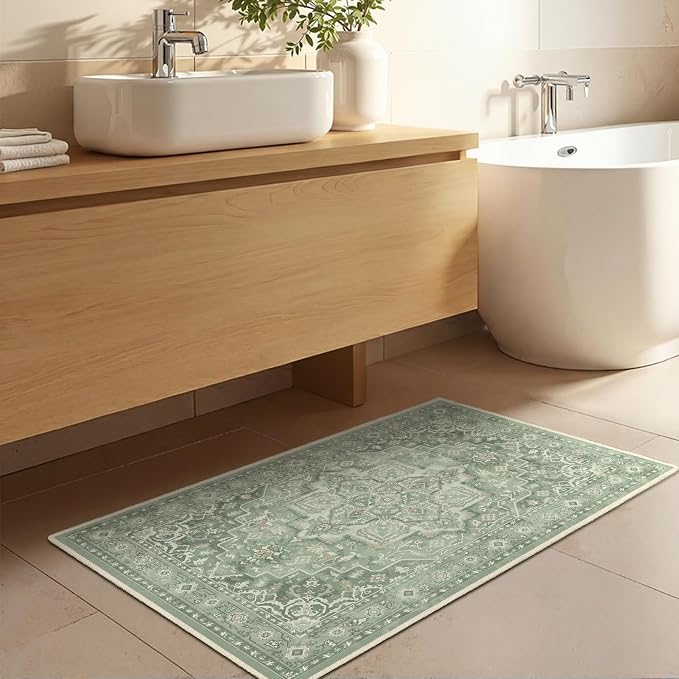 Sage Green 2x3 Washable Kitchen Rugs Non Slip, Cottagecore Cozy Ultra Thin Door Mats Indoor Entrance, Soft Vintage Medallion Entryway Rug, Small Rug for Inside Entry/Foyer/Bathroom/Bedside