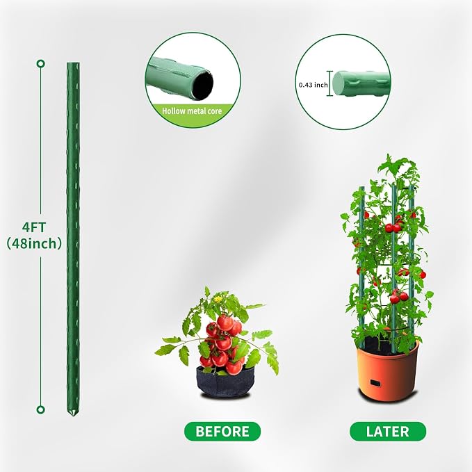 25 Pack Garden Stakes 4FT (48 Inch), Heavy Duty Steel Tomato Stakes with Plastic Coating, Plant Support Stakes for Outdoor Climbing Plants, Vegetables, Beans, Potted Plants & Garden Use