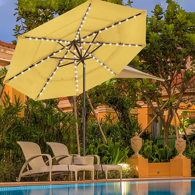 EliteShade USA 10-Year-Non-Fading 9ft 3-Tier Market Patio Umbrella, Commercial Table Umbrella with 80 Solar LED Lights, Crank Open, Windproof & UPF 50+ UV Protection for Garden, Deck, Pool, Backyard, Sunflower Yellow
