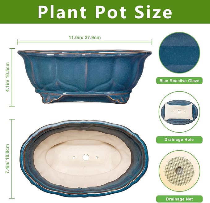 Bonsai Tree Pot - 11 Inch Ceramic Succulent Pots, Bonsai Planter for Indoor Outdoor, Decorative Plant Pot with Drainage Hole, Oval Flower Pot, Home Garden Decor, Garden Gifts, Retro Blue