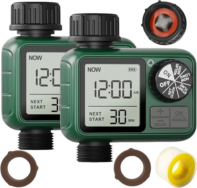 Water Timer for Outdoor Garden Hose, Sprinkler Timer for Garden Faucet with Auto/Manual/Rain Delay Mode, Sprinkler Irrigation Controller for Yard Lawn (1 Zone Plastic Inlet-2 Pack)