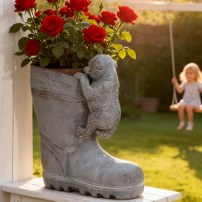 Funny Dog Planter Boot Shaped Resin Pot for Indoor Outdoor Plants Cute Fun Planters for House Patio Porch Decor Succulent Flower Lovers Unique Animal Garden Decorative Pot