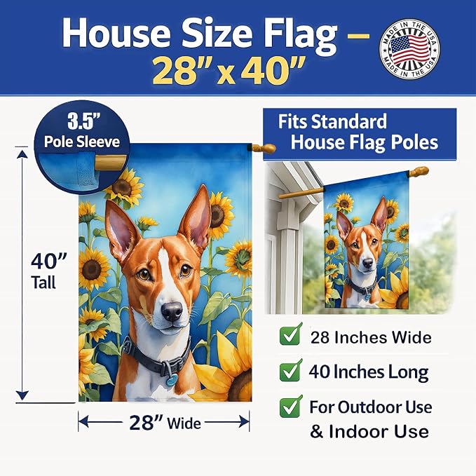 Caroline's Treasures DAC6016CHF Basenji in Sunflowers House Flag Large Porch Sleeve Pole Decorative Outside Yard Banner Artwork Wall Hanging, Polyester, House Size, Multicolor