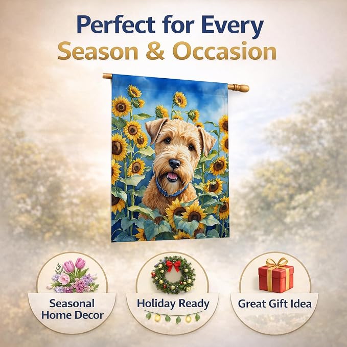 Caroline's Treasures DAC6175CHF Wheaten Terrier in Sunflowers House Flag Large Porch Sleeve Pole Decorative Outside Yard Banner Artwork Wall Hanging, Polyester, House Size, Multicolor