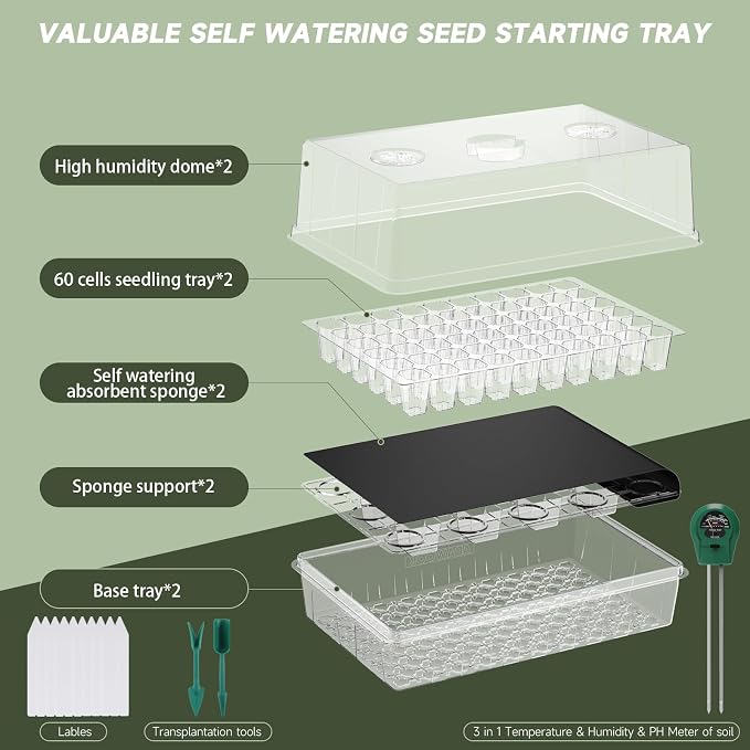 Adawook Self-Watering Seed Starter Tray, Seed Starter Kit Self Water, Germination Trays for Seed Starting with High Humidity Domes (Tray, 120 Cells)