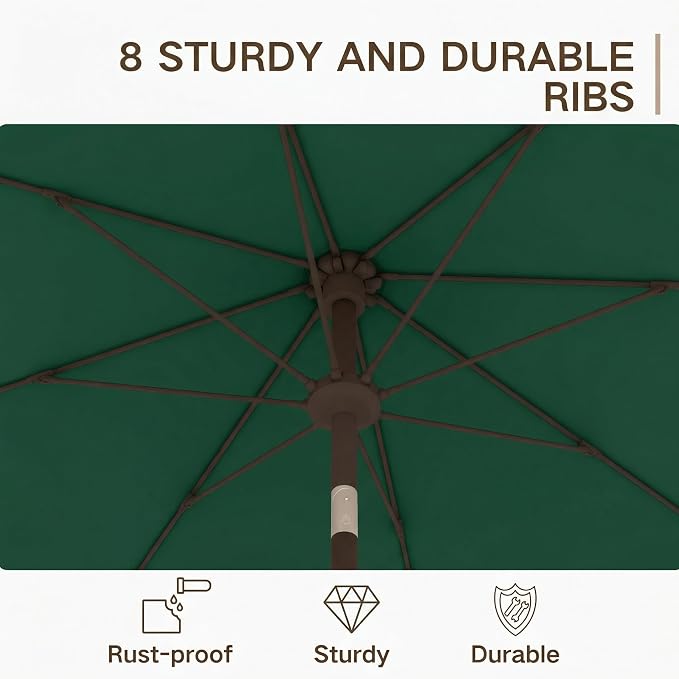 Kingdura 10FT Outdoor Patio Umbrella, Round Market Table Umbrella with Push‑Button Tilt and Crank Lift, 8 Sturdy Metal Ribs, UV50+ Protection Canopy for Backyard, Lawn, Deck, Poolside, Garden (Dark green)