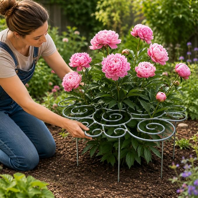 Peony Cages and Supports Support Rings Metal Garden Plant Support Cage Decorative Grow Through Flower Hoops for Peonies Dahlias Roses Hydrangeas Outdoor Plants (Silver,M - 2pcs)