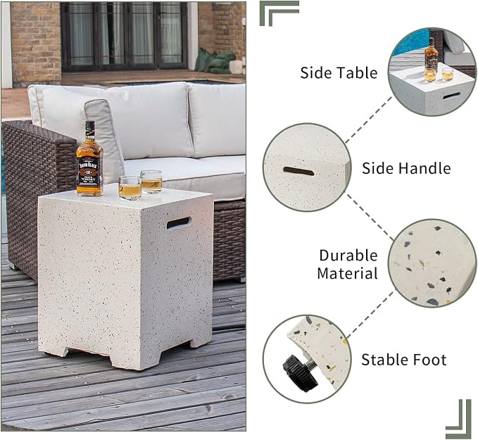 COSIEST 2-Piece Outdoor Propane Fire Pit Table Set w Tank Table, 28" Terrazzo Round Fire Table (Certified, 40,000 BTU) w 16" Tank Cover Side Table 20lb, Wind Guard, Rain Cover for Garden, Pool