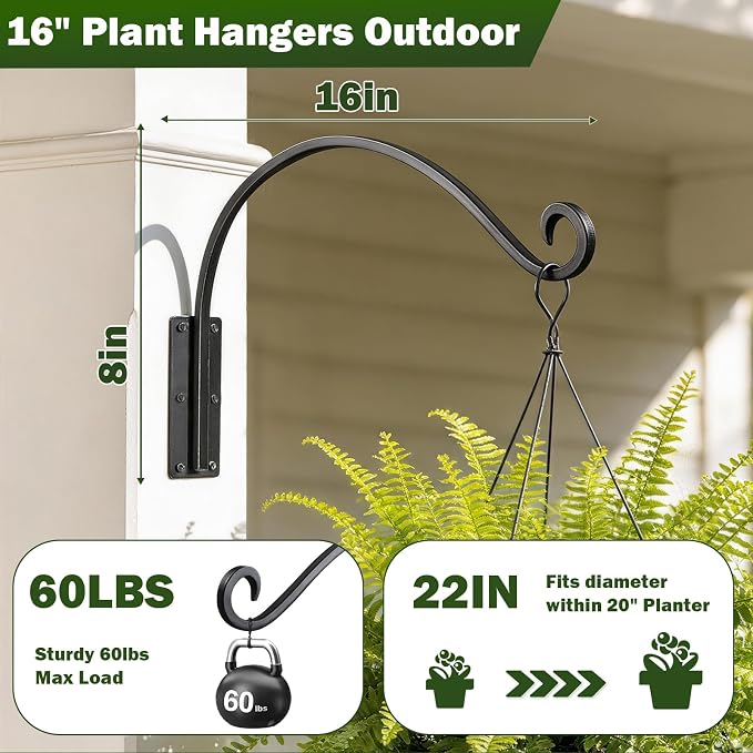 Heavy Duty 16 Inch Plant Hangers Bracket Outdoor, 60lbs Weight Capacity-4 Pack Metal Wall Hooks for Hanging Plants, Bird Feeder, Wind Chime, Wall Decor, Plant Hanger Hooks for Hanging Flower Baskets