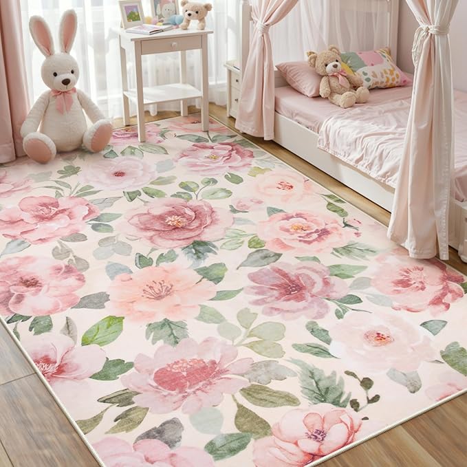 Lahome Floral Nursery Rug 5x7, Soft Boho Pink Rugs for Girls Bedroom | Low Pile Large Living Room Rug, Home Decor Carpet for Dining Room Kids Playroom Farmhouse, Beige/Multi